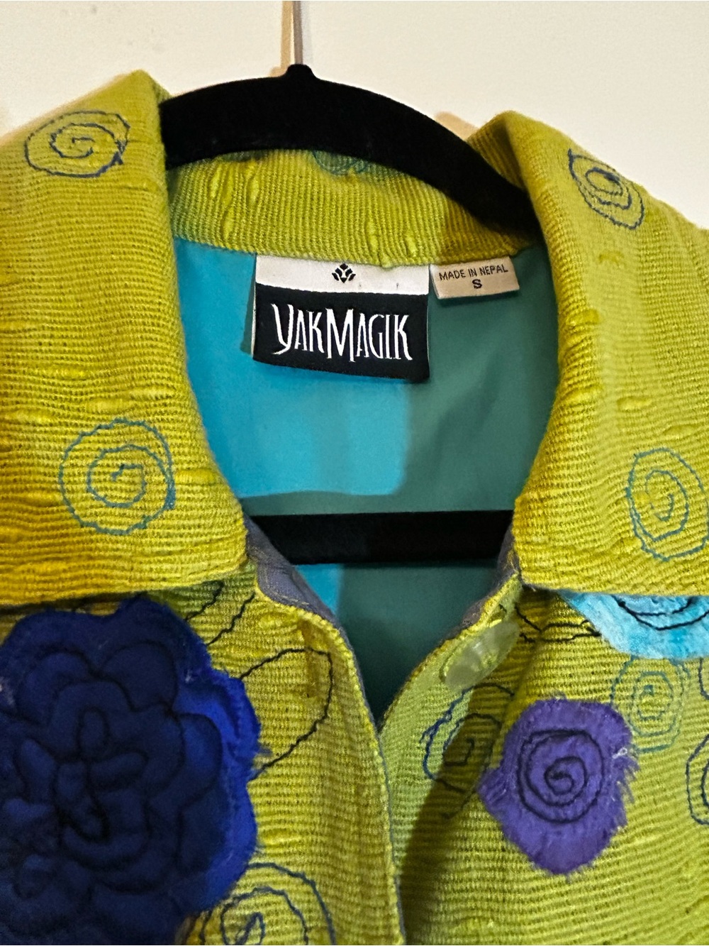 YakMagik Lime Green Embroidered Jacket with Blue & Purple Accents